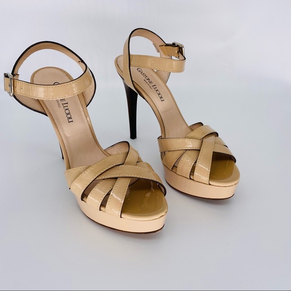 Gaston Lucioli Sandals Platforms and 5” Heels Tan Patent Leather Size 8 - Picture 1 of 14